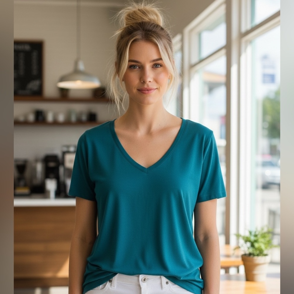 MERONA TEAL SHORT SLEEVE V-NECK TEE The Ultimate Tee Size XL Casual Comfort Easy